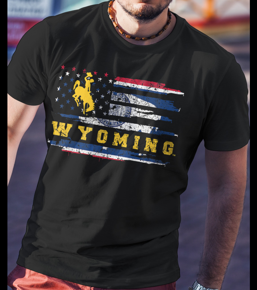 Wyoming Cowboy Riding Horse On American Flag T-Shirt