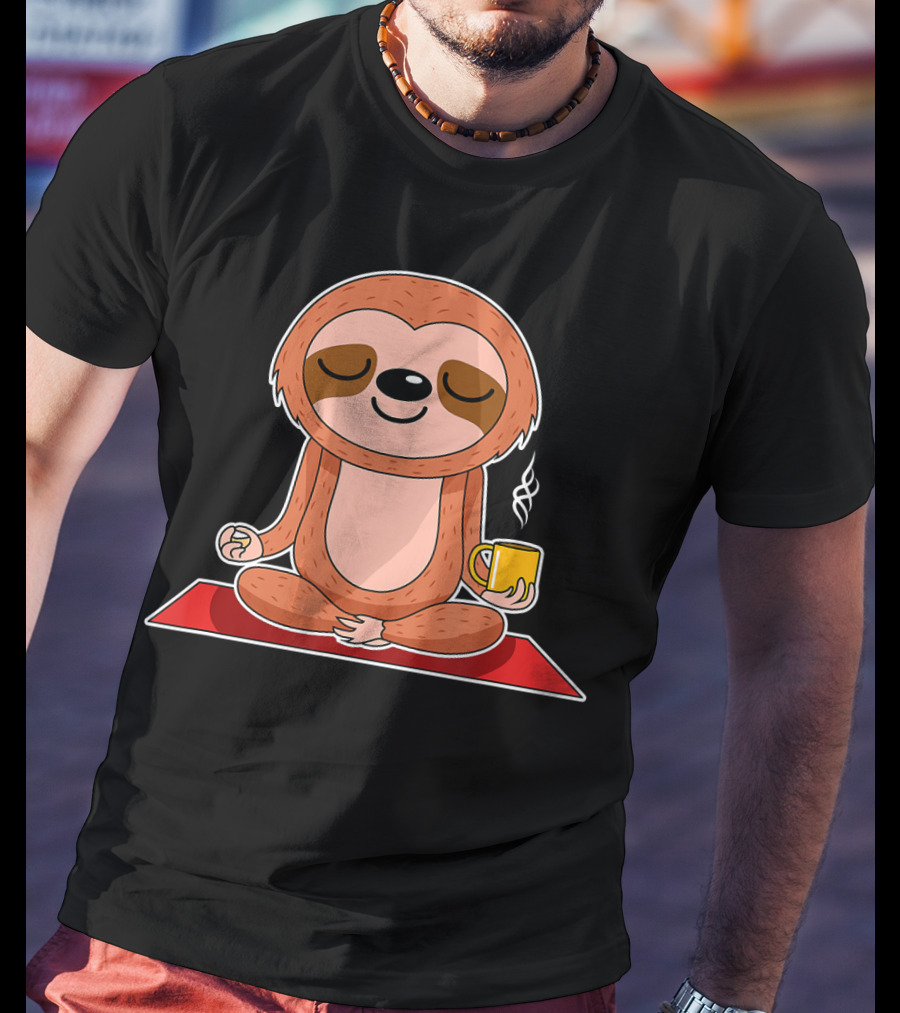 Yoga Sloth Funny Workout Fitness Casual Relaxing Meditation With Coffee T-Shirt