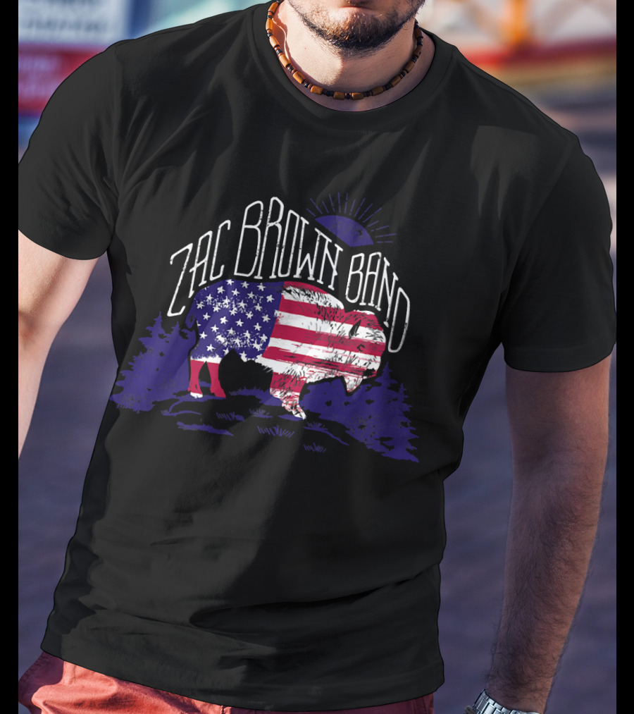 Zac Brown Band American Flag Buffalo With Night Sky And Forest T-Shirt