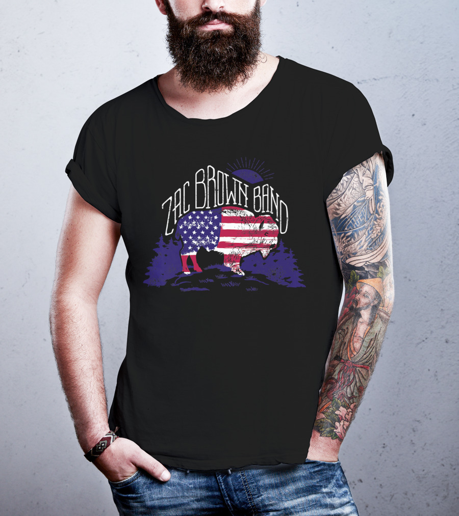 Zac Brown Band American Flag Buffalo With Night Sky And Forest T-Shirt