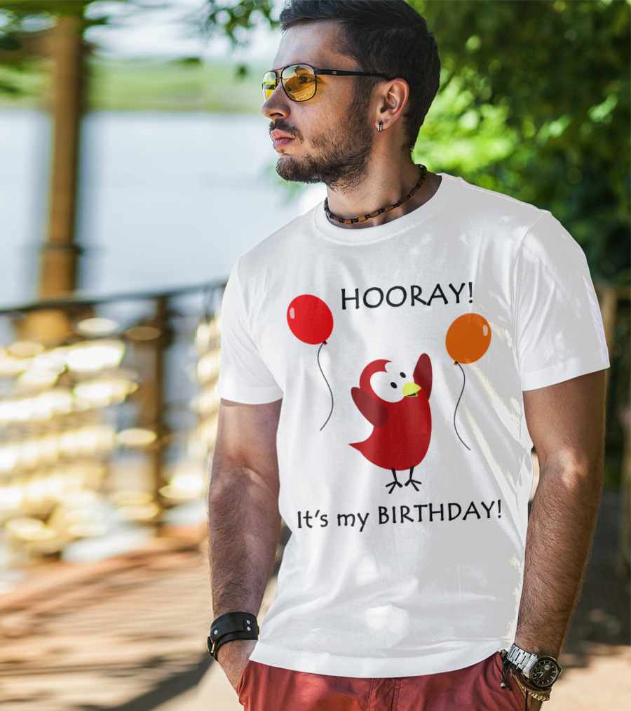 Hooray It's My Birthday Sammy Bird With Red And Orange Balloons T-Shirt
