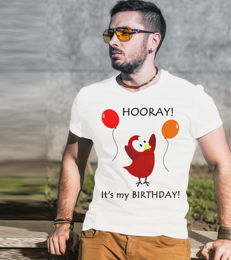 Hooray It's My Birthday Sammy Bird With Red And Orange Balloons T-Shirt