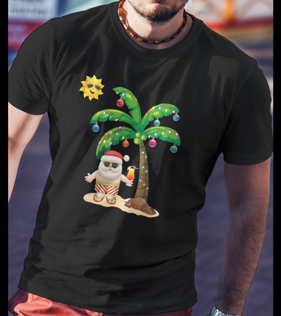 Summer Santa Claus Christmas Mele Tropical Palm Tree Festive Cocktail T-Shirt
