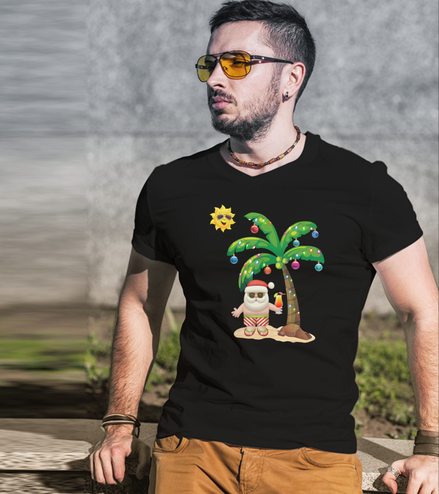 Summer Santa Claus Christmas Mele Tropical Palm Tree Festive Cocktail T-Shirt