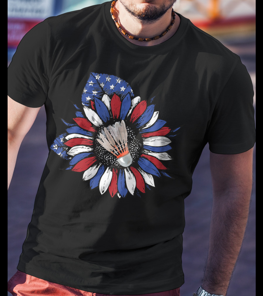 American Flag Sunflower With Badminton Birdie Center T-Shirt