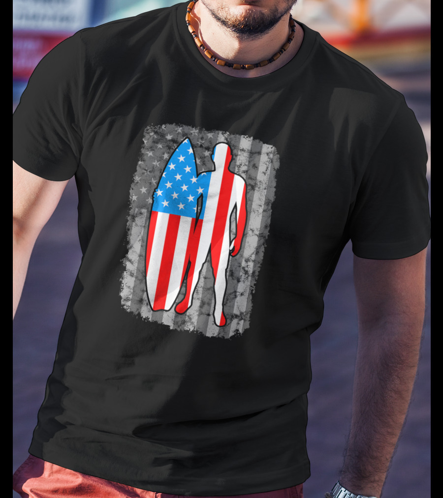 Vintage American Flag Surfing Silhouette United States T-Shirt