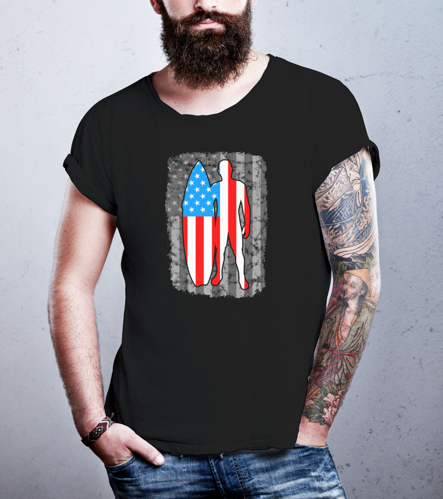 Vintage American Flag Surfing Silhouette United States T-Shirt