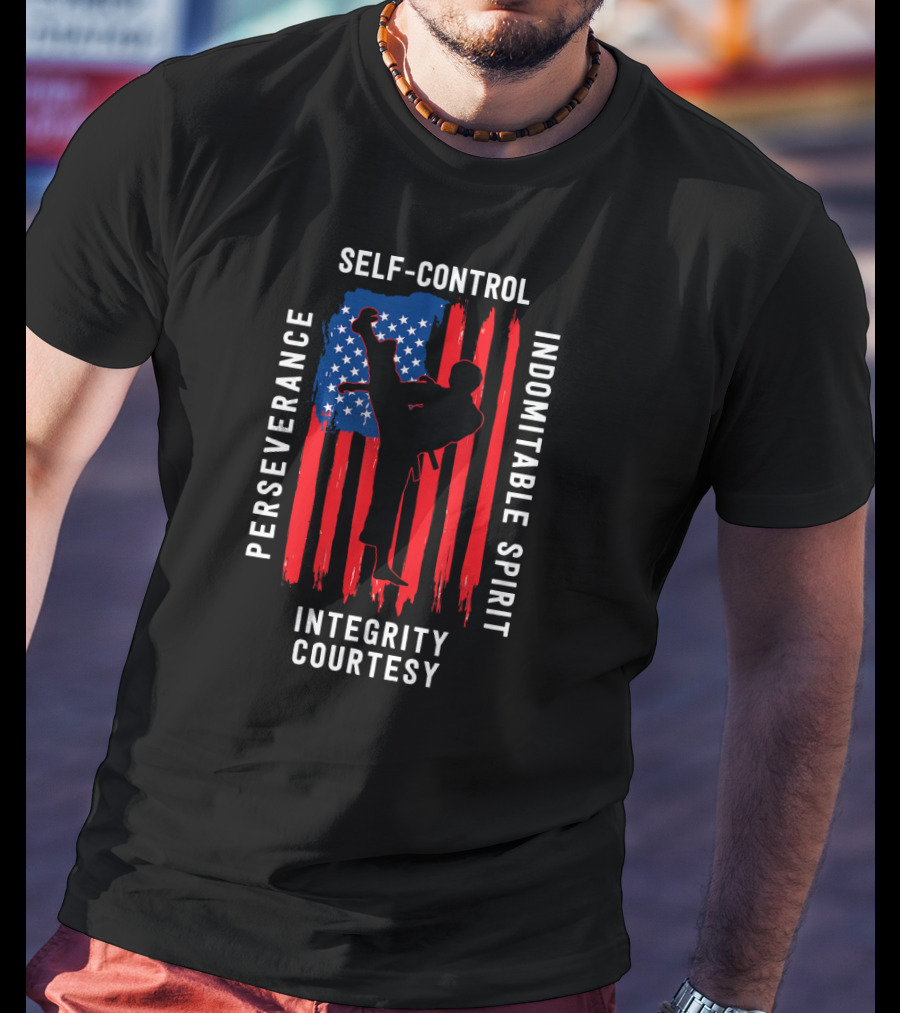 Taekwondo Five Tenets Perseverance Self-Control Indomitable Spirit Integrity Courtesy US Flag Martial Arts T-Shirt