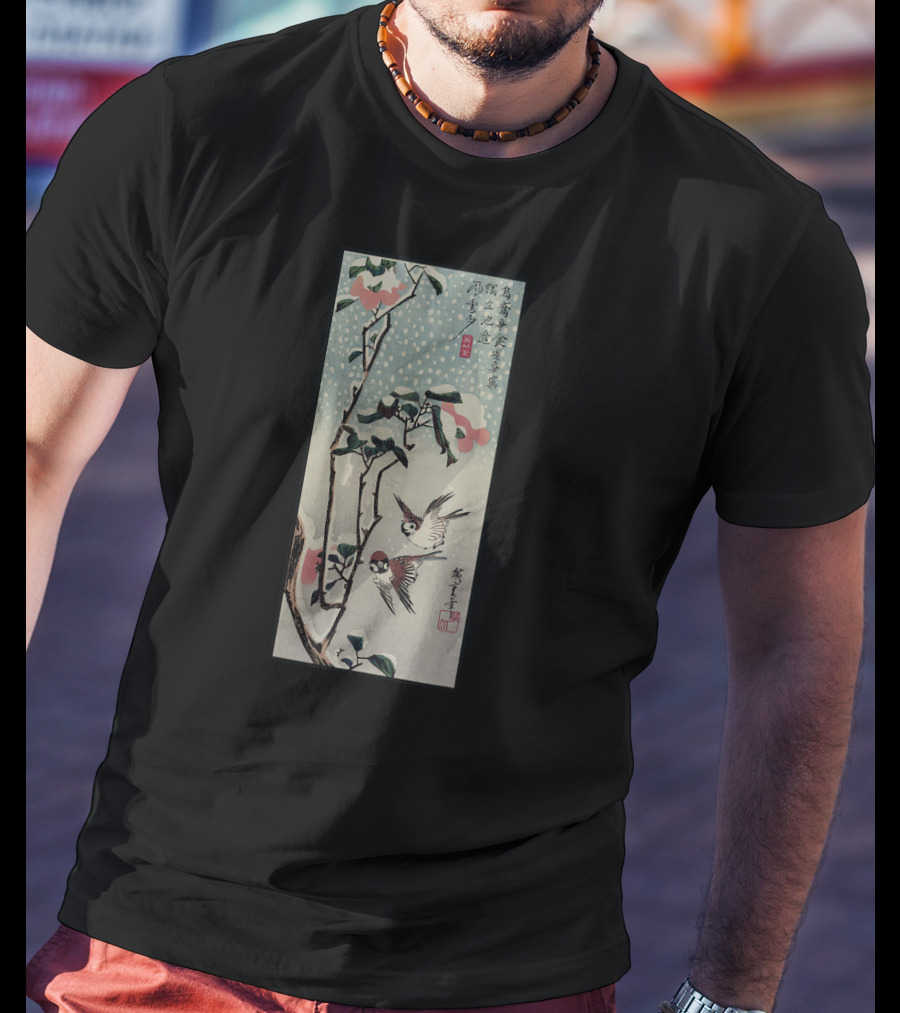 Japanese Woodblock Print Birds And Cherry Blossom Tree T-Shirt