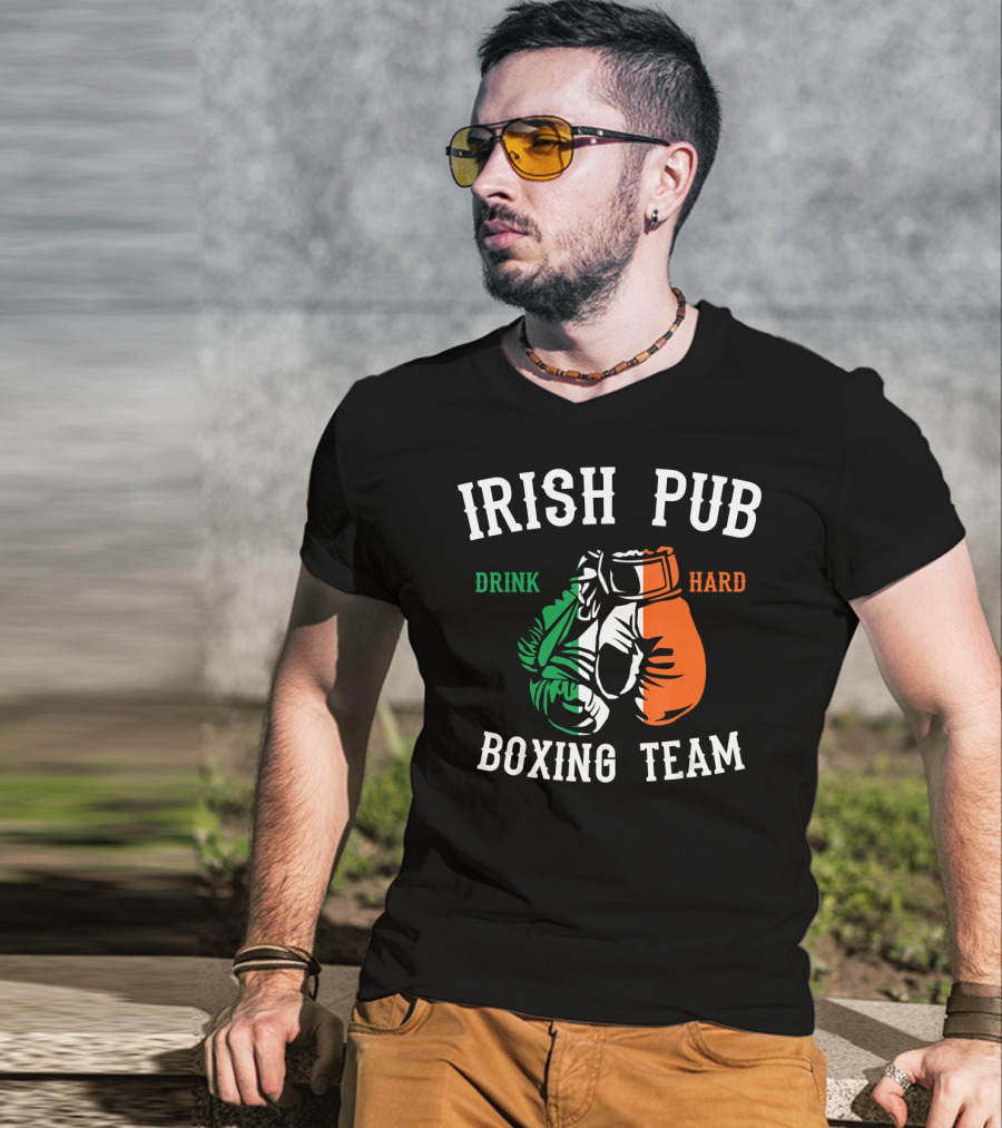 Irish Pub Boxing Team Drink Hard Irish Flag Gloves T-Shirt