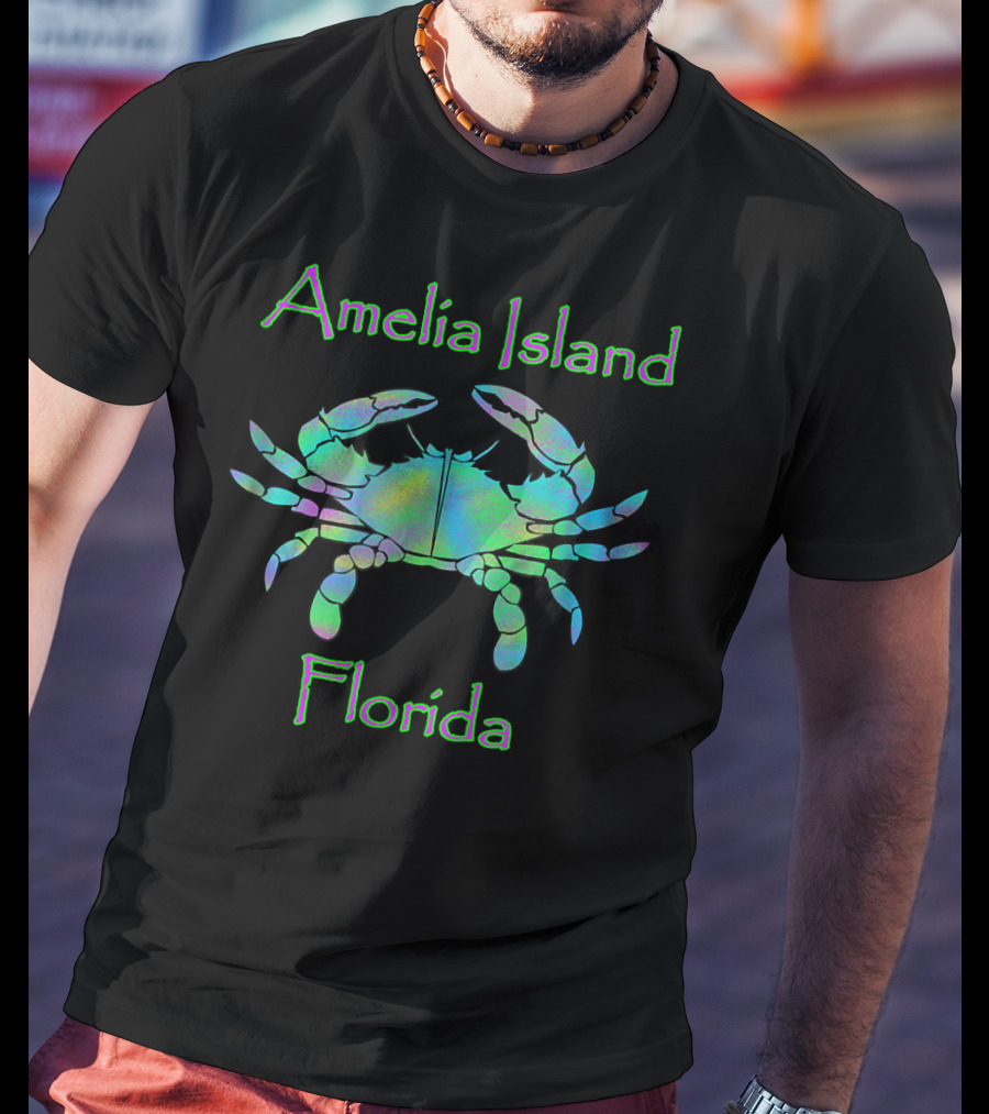Amelia Island Florida Holographic Blue Crab T-Shirt