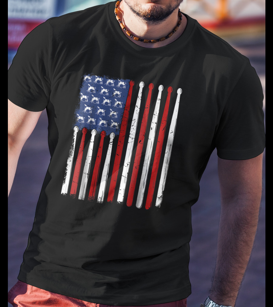 American Flag Made Of Drumsticks Vintage Drummer T-Shirt