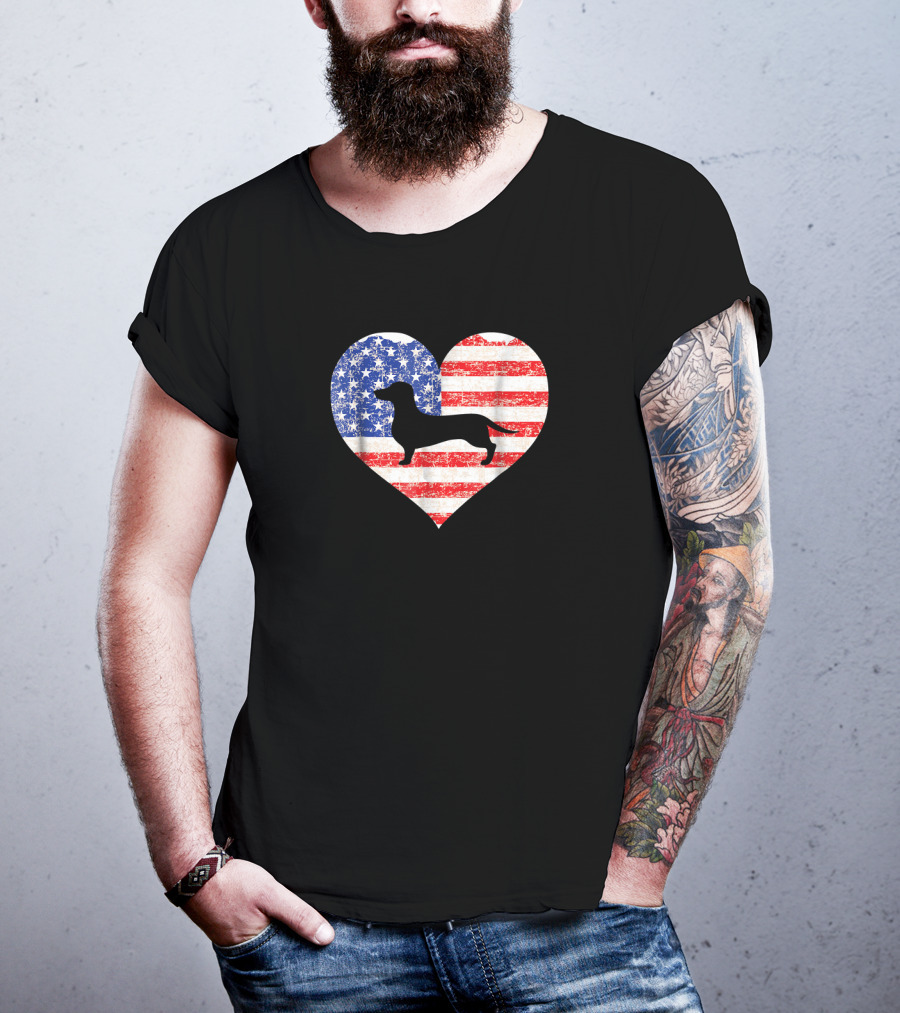 American Flag Heart With Dachshund Silhouette US Love T-Shirt