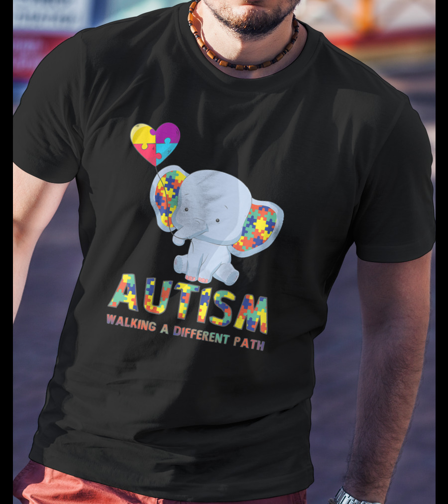 Autism Puzzle Piece Elephant Walking A Different Path T-Shirt