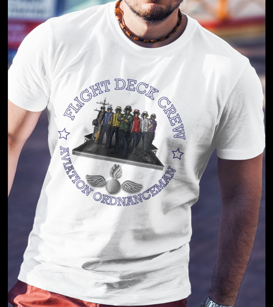 Flight Deck Crew Aviation Ordnanceman Team With Aircraft Carrier Background T-Shirt