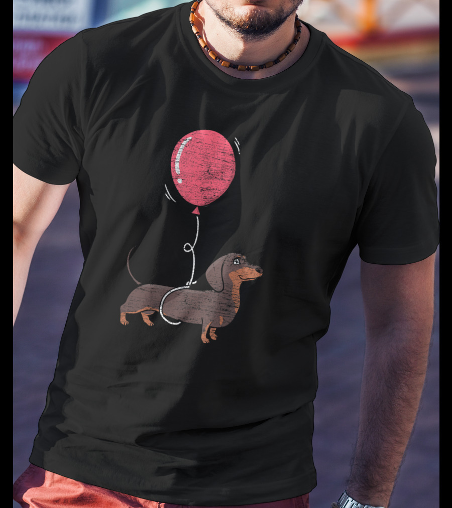 Balloon Dachshund Sketch With Red Balloon And Brown Dog Balloon Dachshund T-Shirt