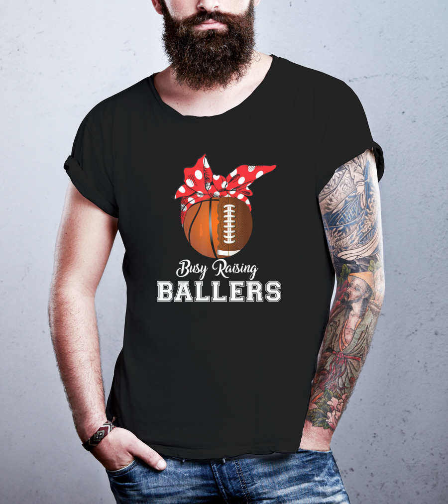 Basketball Football Busy Raising Ballers Polka Dot Bandana Typography T-Shirt