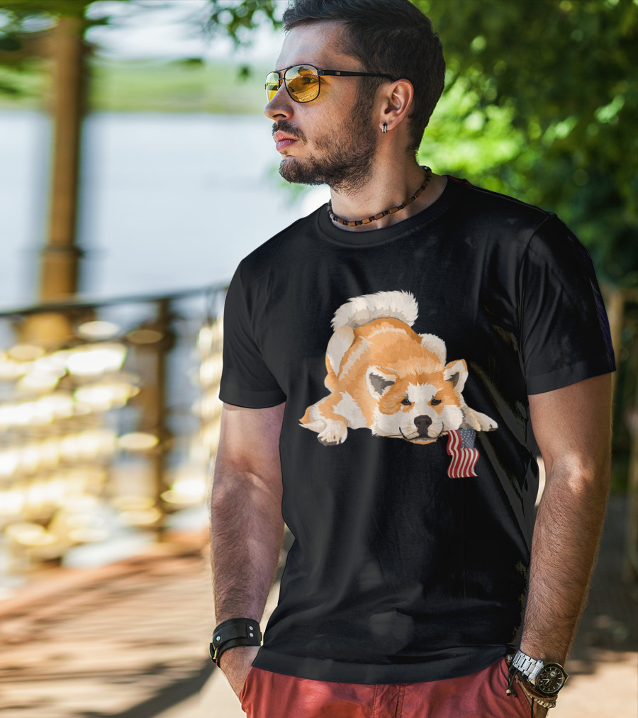 Akita Dog Lover With American Flag Motif T-Shirt