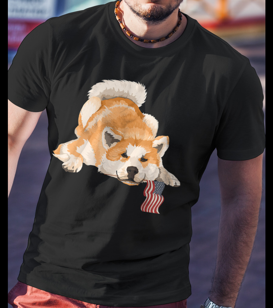 Akita Dog Lover With American Flag Motif T-Shirt