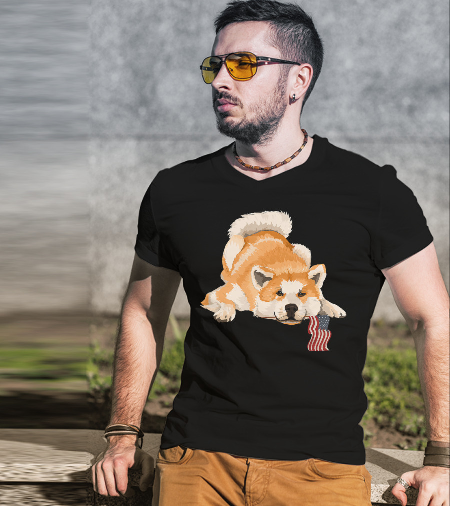 Akita Dog Lover With American Flag Motif T-Shirt