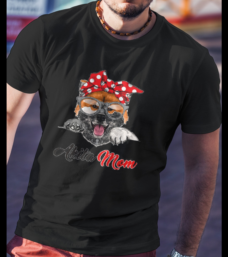 Akita Mom Funny Dog With Red Polka Dot Bow And Glasses T-Shirt