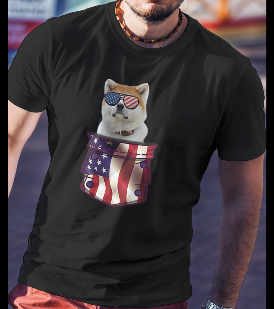 American Flag Sunglasses Akita In Pocket T-Shirt