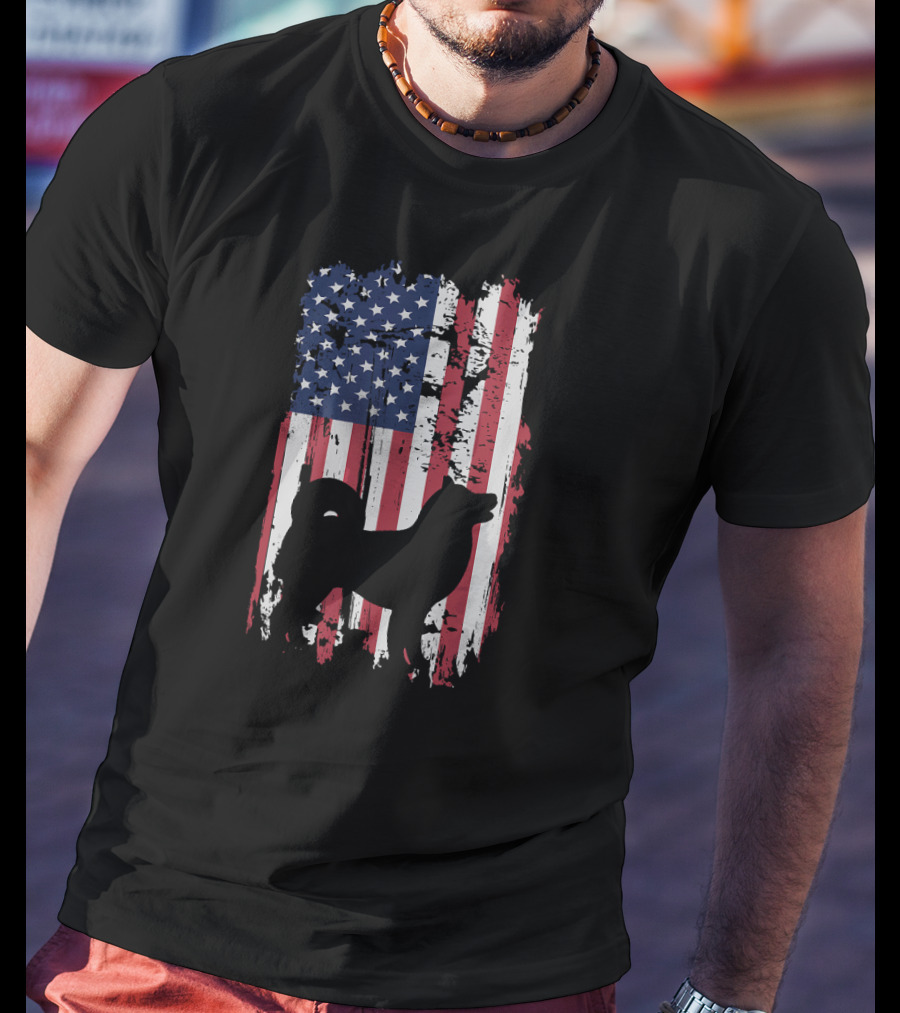 Akita Inu Silhouette Over Grunge American Flag T-Shirt
