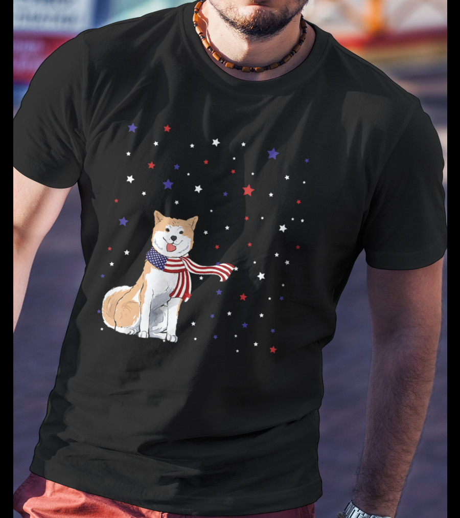 Akita Inu Patriotic American Flag Scarf Stars T-Shirt