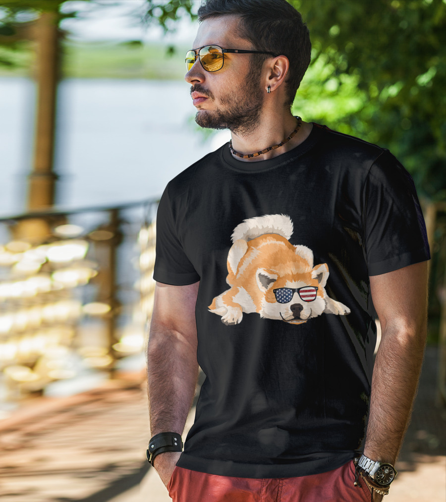 Akita Inu Wearing American Flag Sunglasses Playful Pose T-Shirt