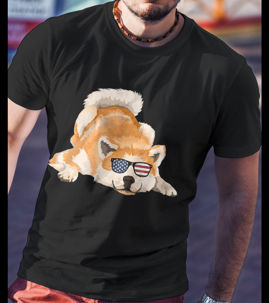 Akita Inu Wearing American Flag Sunglasses Playful Pose T-Shirt