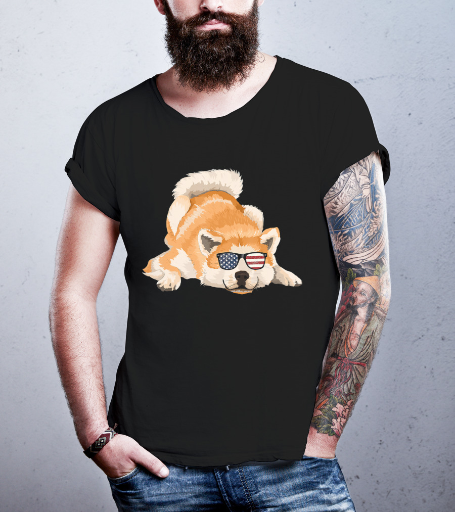 Akita Inu Wearing American Flag Sunglasses Playful Pose T-Shirt