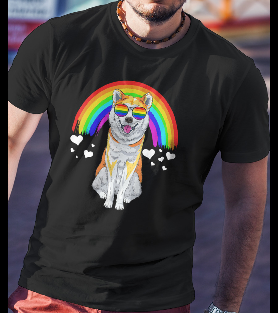 Akita Inu Rainbow Pride Sunglasses Hearts T-Shirt