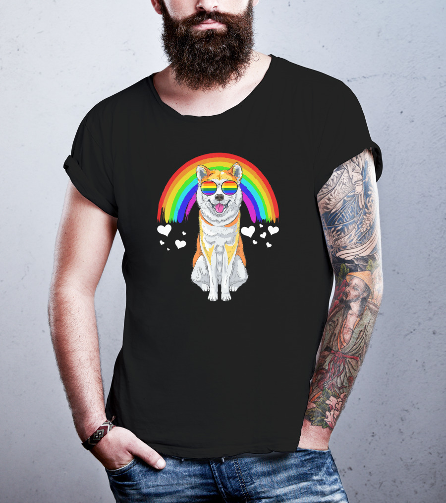 Akita Inu Rainbow Pride Sunglasses Hearts T-Shirt