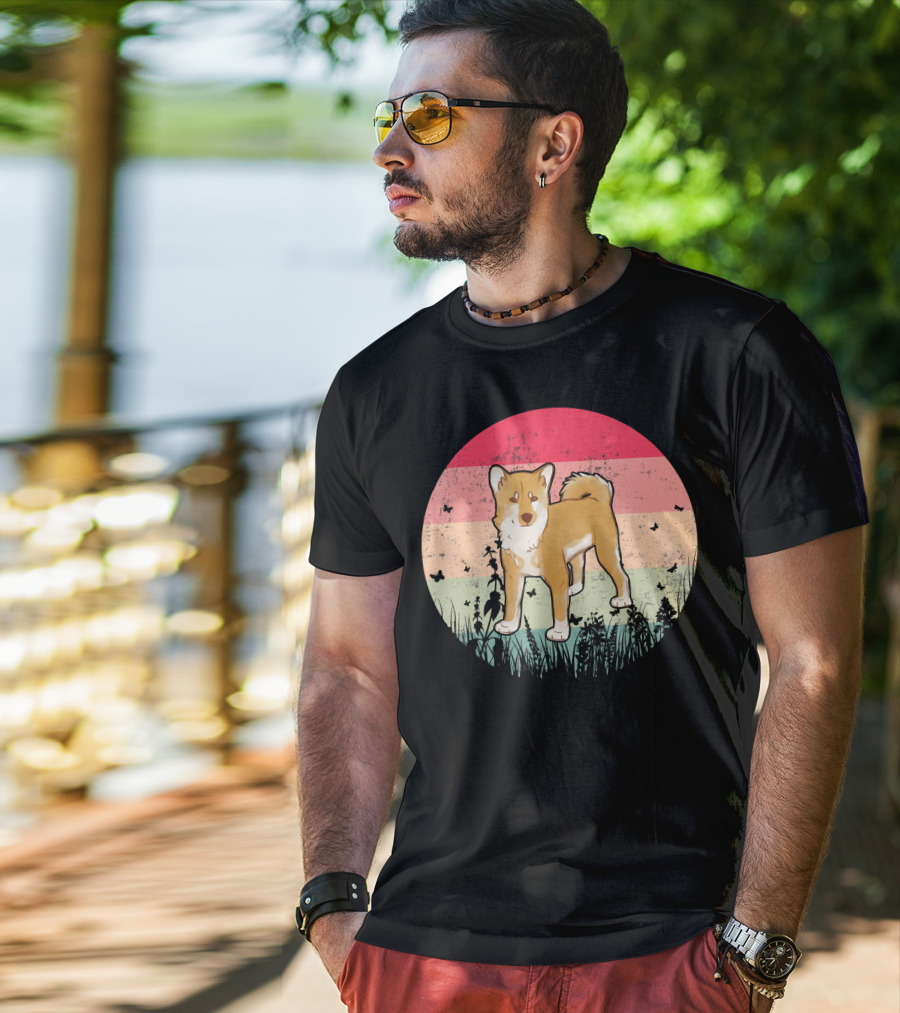 Akita Inu Vintage Retro Akit Circle Silhouette With Stripes And Butterflies T-Shirt