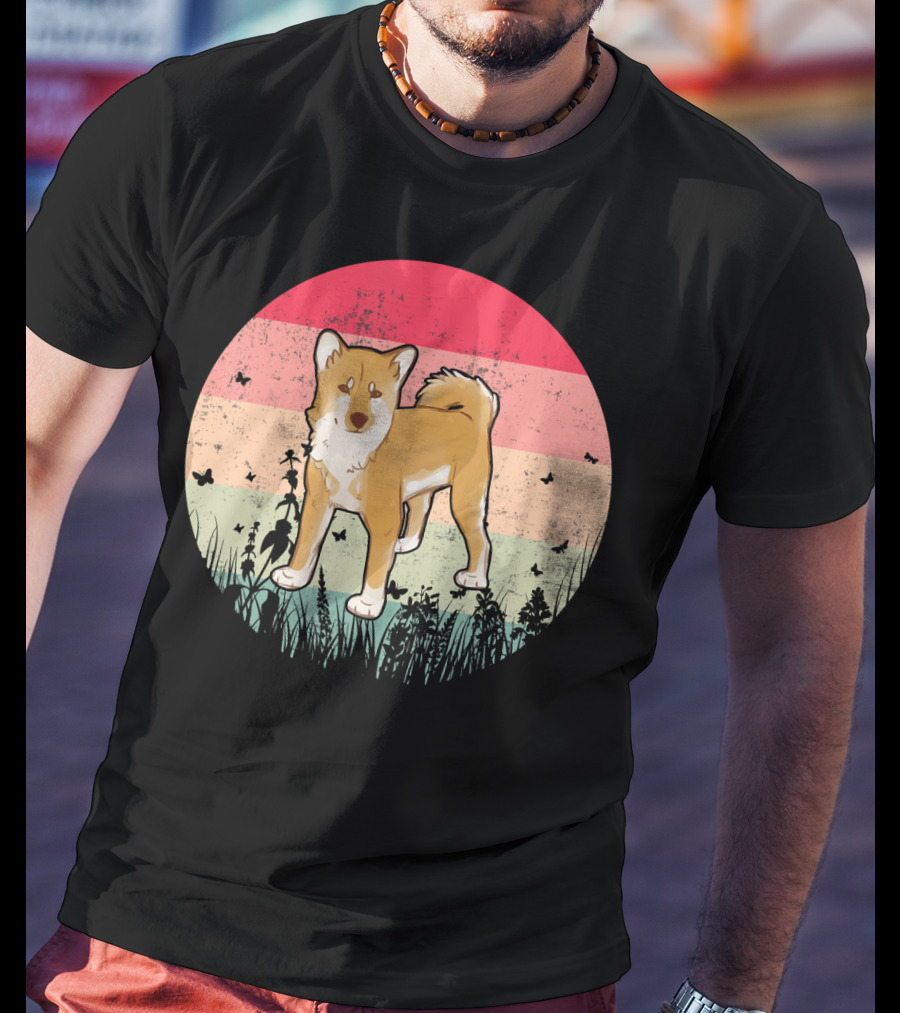 Akita Inu Vintage Retro Akit Circle Silhouette With Stripes And Butterflies T-Shirt