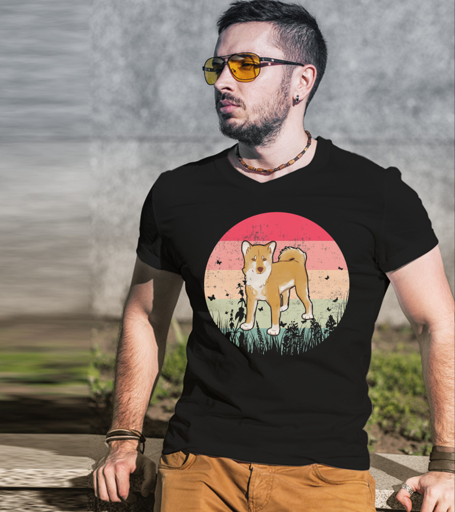 Akita Inu Vintage Retro Akit Circle Silhouette With Stripes And Butterflies T-Shirt