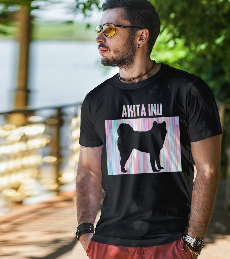 AKITA INU Silhouette On Pastel Watercolor Stripes T-Shirt