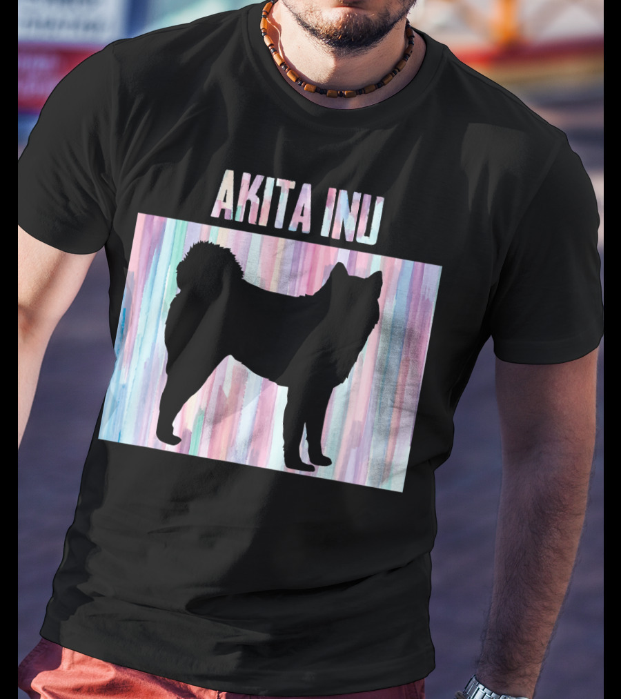 AKITA INU Silhouette On Pastel Watercolor Stripes T-Shirt