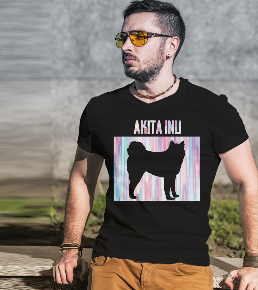 AKITA INU Silhouette On Pastel Watercolor Stripes T-Shirt