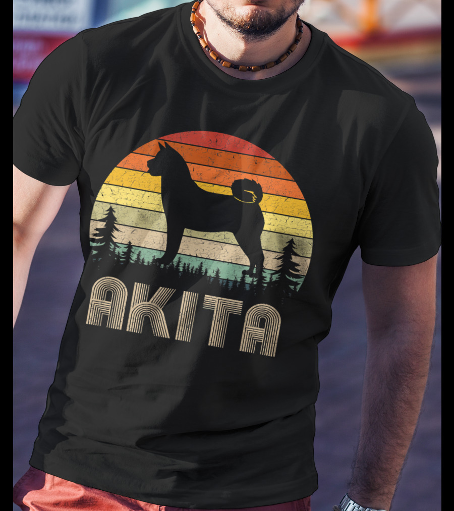 Akita Vintage Dog Retro 70's Forest Sunset T-Shirt
