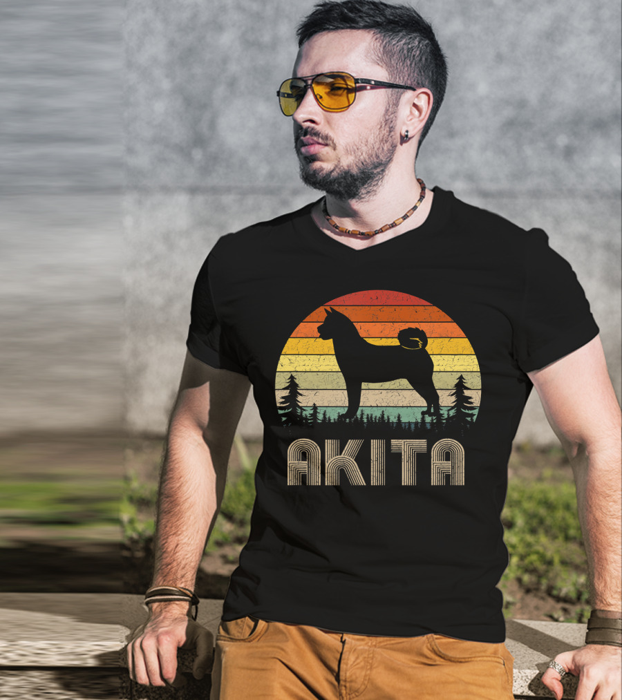 Akita Vintage Dog Retro 70's Forest Sunset T-Shirt