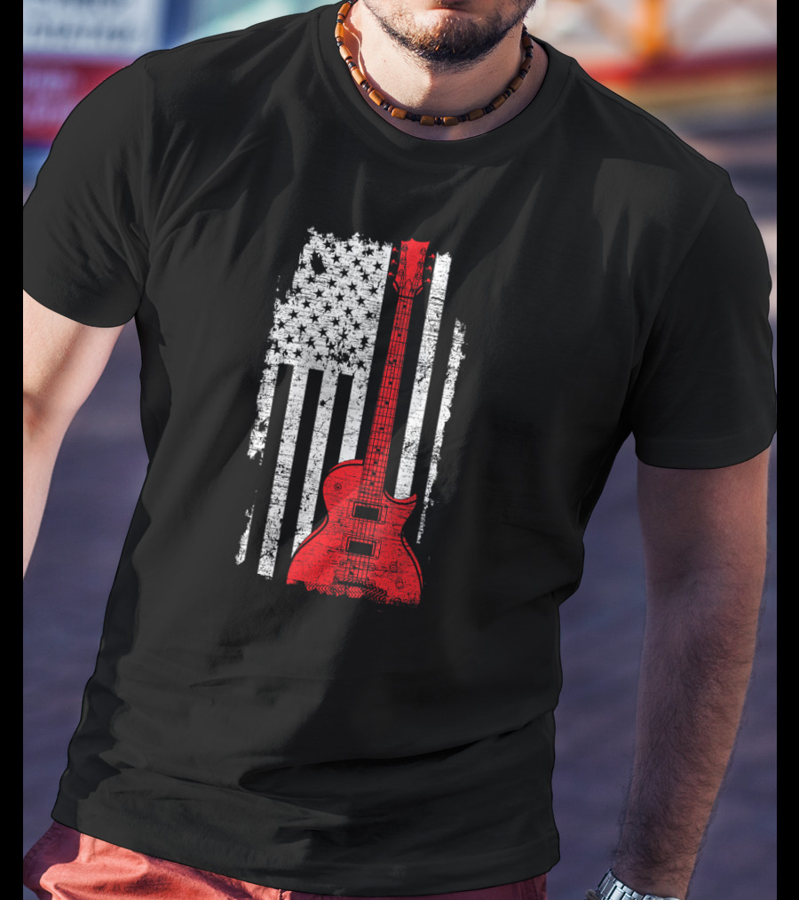 Red Guitar American Flag USA Music T-Shirt