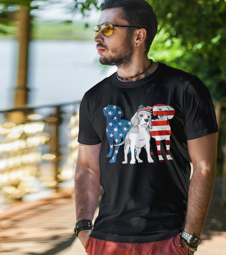 American Beagle Trio With Patriotic Stars And Stripes US Flag Motif T-Shirt