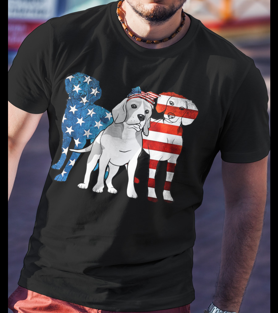 American Beagle Trio With Patriotic Stars And Stripes US Flag Motif T-Shirt