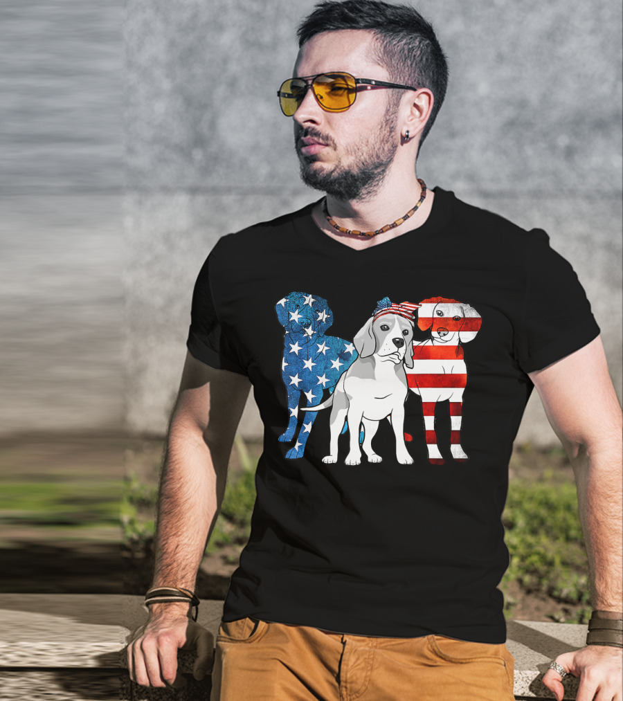 American Beagle Trio With Patriotic Stars And Stripes US Flag Motif T-Shirt