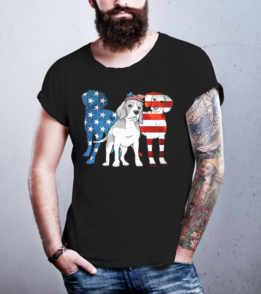 American Beagle Trio With Patriotic Stars And Stripes US Flag Motif T-Shirt