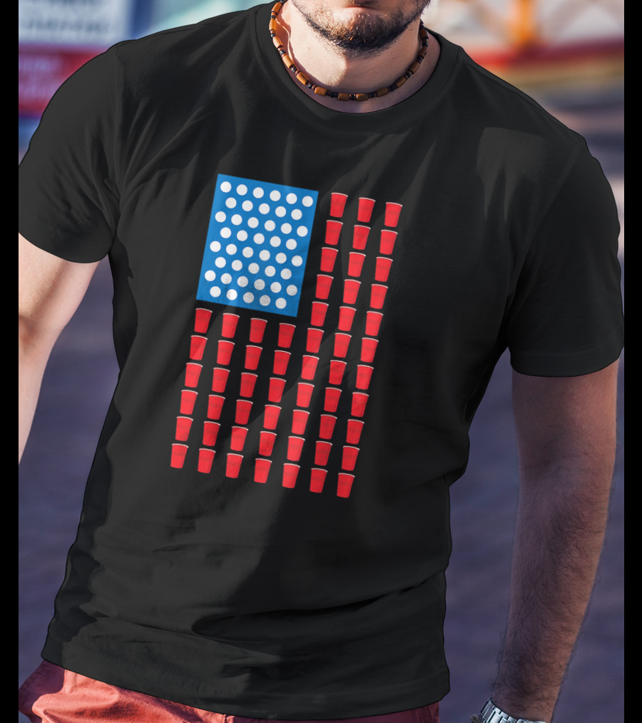 American Flag Beer Pong Red Cup Pattern Patriotic Party T-Shirt