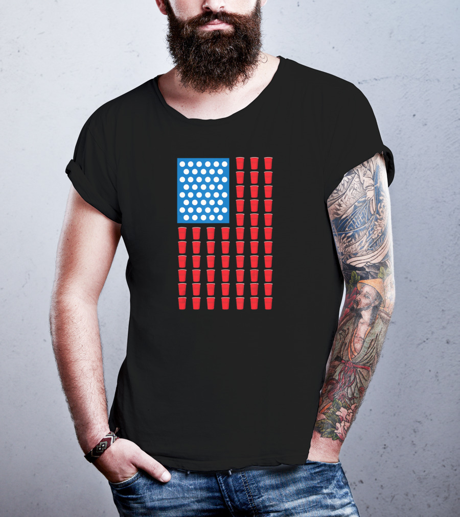 American Flag Beer Pong Red Cup Pattern Patriotic Party T-Shirt