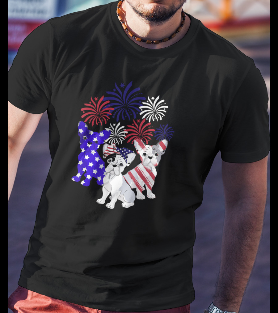 American Flag French Bulldog Fireworks T-Shirt