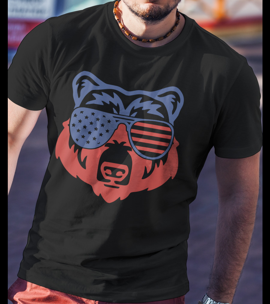 American Patriotic Bear With Flag Sunglasses T-Shirt